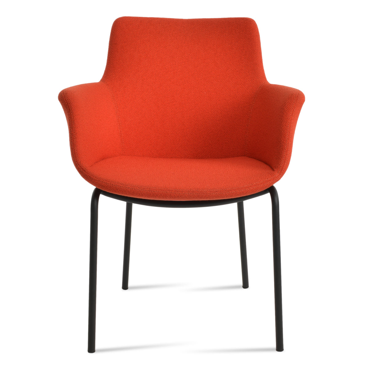 Bottega Harris Armchair by SohoConcept, showing front view of bottega harris armchair in black powder finish/camira yoredale orange boucle fabric.