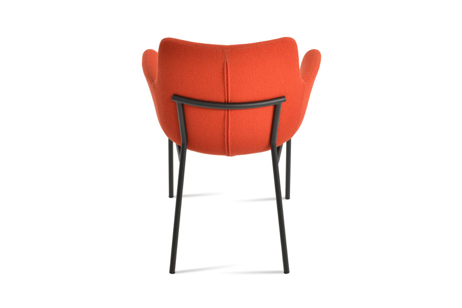 Bottega Harris Armchair by SohoConcept, showing back view of bottega harris armchair in black powder finish/camira yoredale orange boucle fabric.
