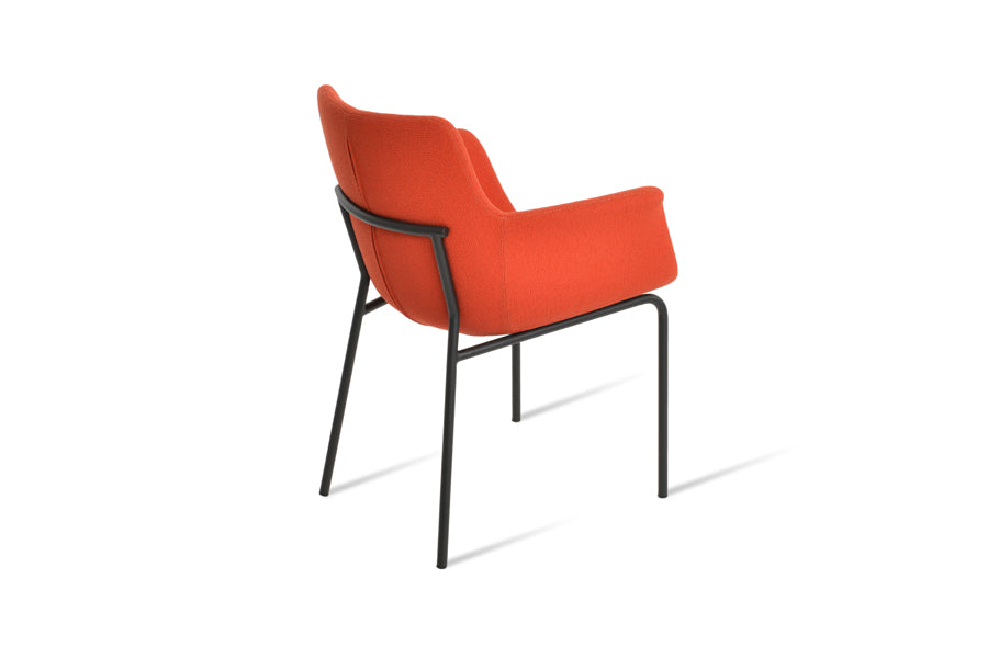 Bottega Harris Armchair by SohoConcept, showing back view of bottega harris armchair in black powder finish/camira yoredale orange boucle fabric.