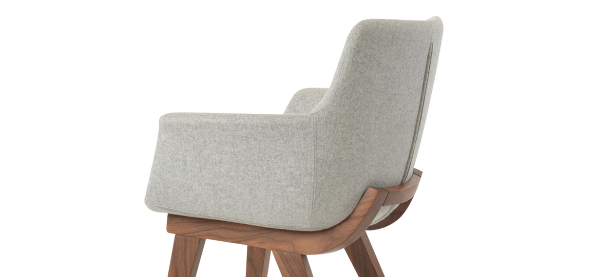 Bottega HB-Wood Armchair by SohoConcept, showing closeup view of bottega hb-wood armchair in beech walnut wood/camira blazer silver wool.