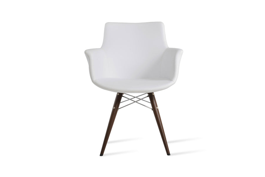 Bottega MW Armchair by SohoConcept, showing front view of bottega mw armchair in walnut veneer steel/white leatherette.