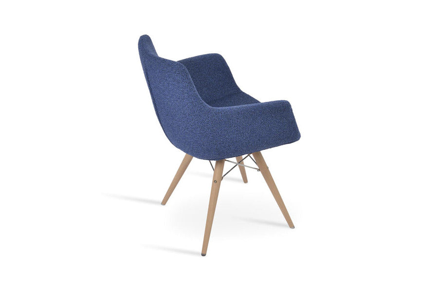 Bottega MW Armchair by SohoConcept, showing back/side view of bottega mw armchair in natural veneer steel/boucle blue-black fabric.