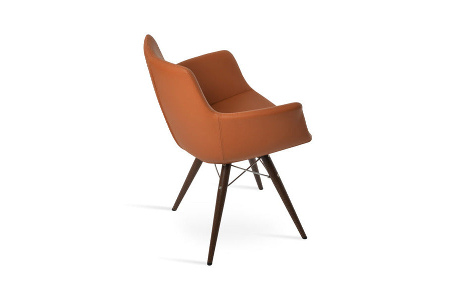 Bottega MW Armchair by SohoConcept, showing back/side view of bottega mw armchair in walnut veneer steel/caramel genuine leather.