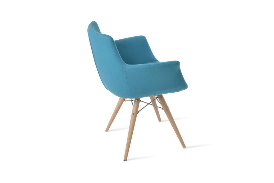 Bottega MW Armchair by SohoConcept, showing back/side view of bottega mw armchair in natural veneer steel/camira blazer turquoise wool.