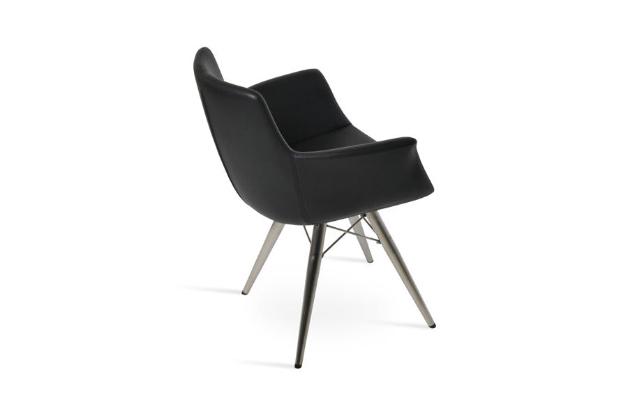 Bottega MW Armchair by SohoConcept, showing back/side view of bottega mw armchair in stainless steel/black leatherette.
