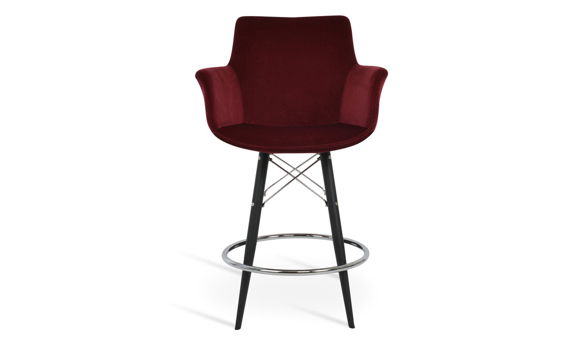 Bottega MW Bar Stool-Fabric by SohoConcept, showing front view of bottega mw bar stool-fabric in black powder steel/velvet cherry fabric.