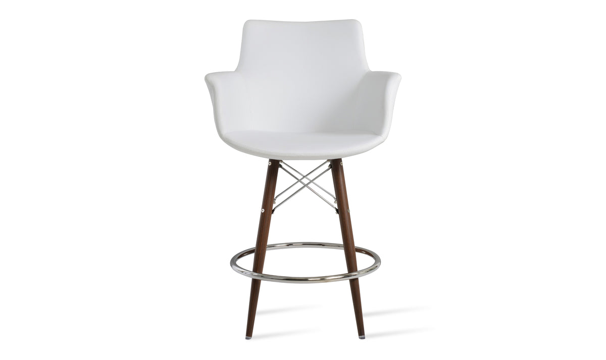 Bottega MW Bar Stool-Leather by SohoConcept, showing side view of bottega mw bar stool-leather in walnut veneer steel/white leatherette.