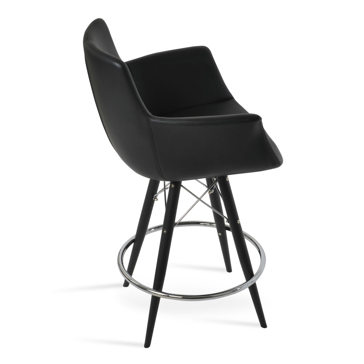 Bottega MW Bar Stool-Leather by SohoConcept, showing side view of bottega mw bar stool-leather in black powder steel/black leatherette.