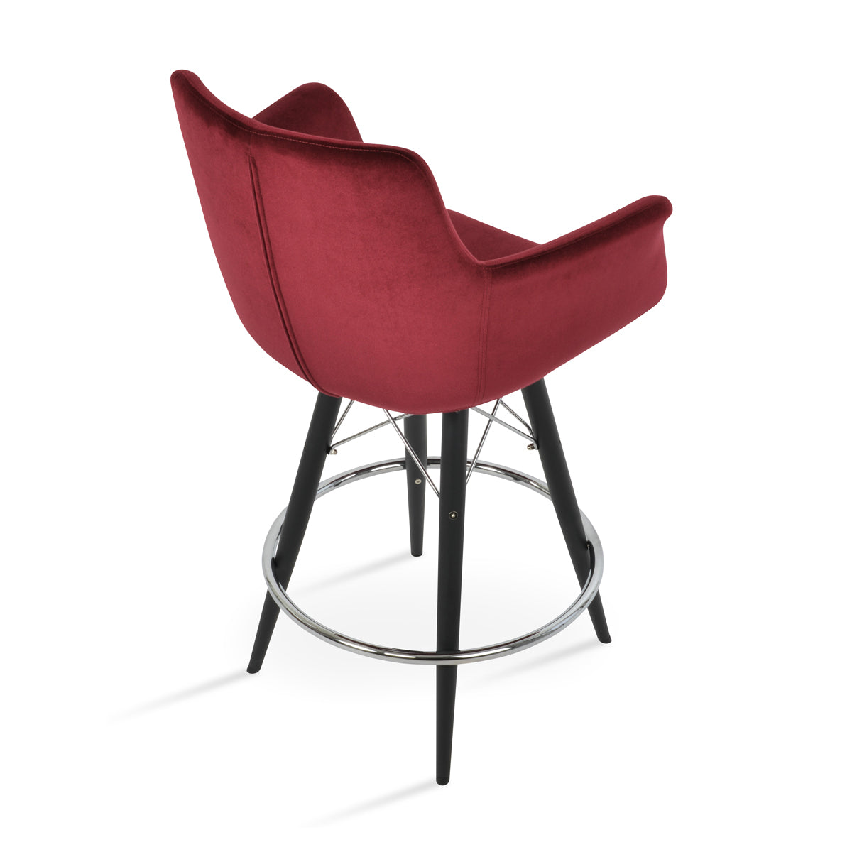 Bottega MW Counter Stool-Fabric by SohoConcept, showing back view of bottega mw counter stool-fabric in black powder steel/velvet cherry fabric.