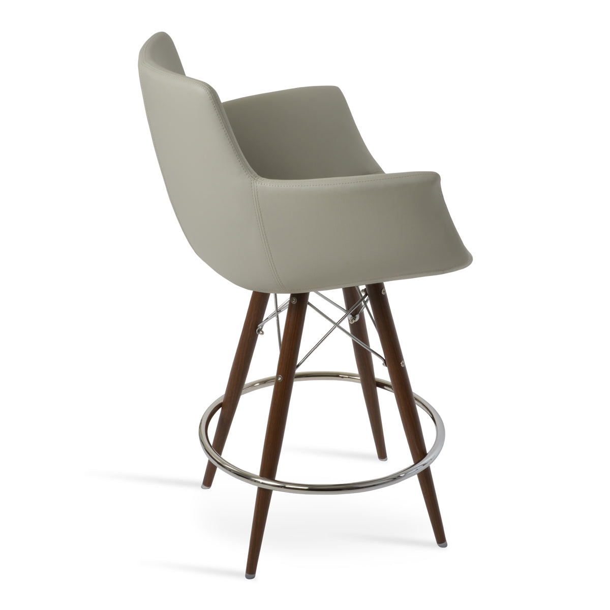 Bottega MW Counter Stool-Leather by SohoConcept, showing side view of bottega mw counter stool-leather in walnut veneer steel/light grey leatherette.