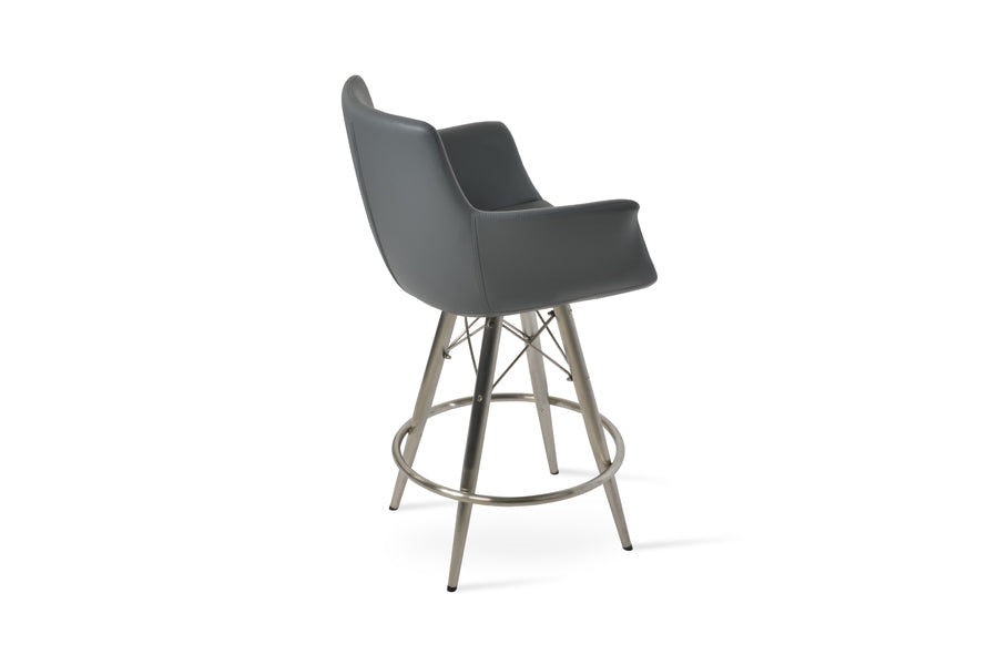 Bottega MW Counter Stool-Leather by SohoConcept, showing side view of bottega mw counter stool-leather in stainless steel/grey leatherette.