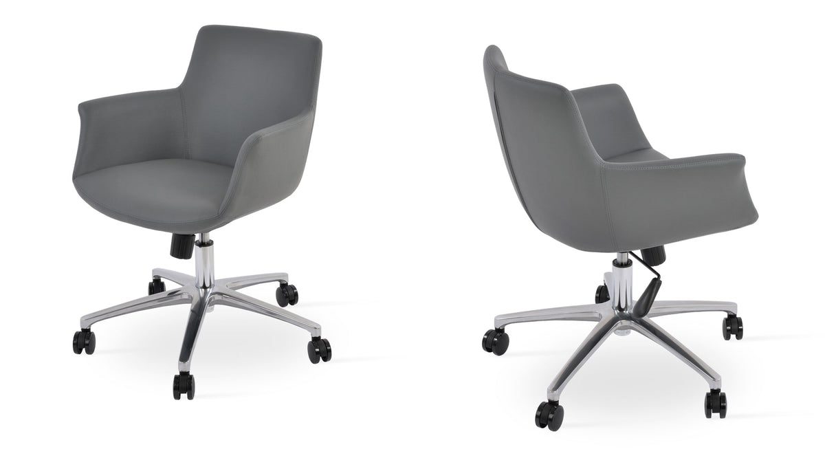 Bottega Office Lounge Armchair by sohoConcept, showing two chairs in grey leatherette with chrome plated steel base.