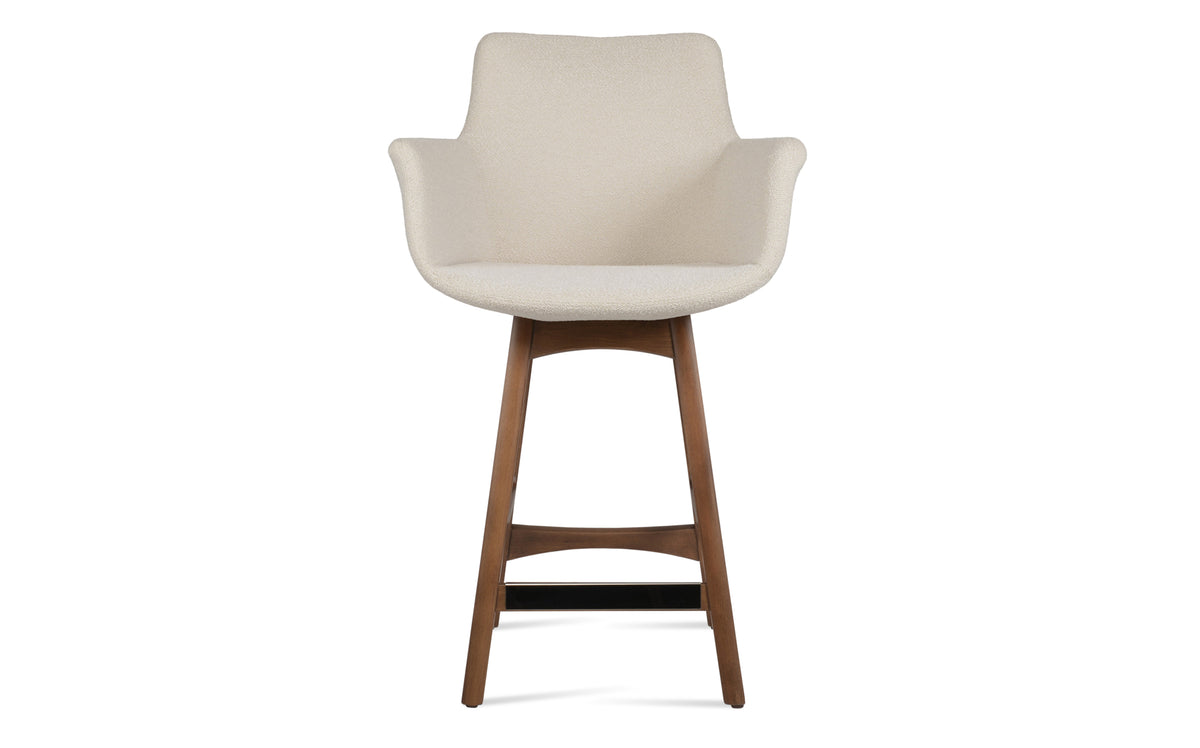 Bottega PR-Wood Bar Stool-Fabric by SohoConcept, showing front view of bottega pr-wood bar stool in original American walnut wood/boucle off white fabric.