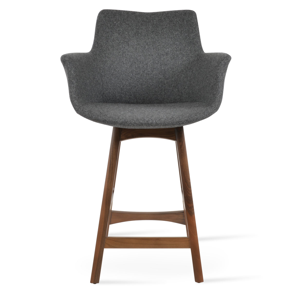 Bottega PR-Wood Bar Stool-Fabric by SohoConcept, showing front view of bottega pr-wood bar stool in original American walnut wood/camira blazer dark grey wool.