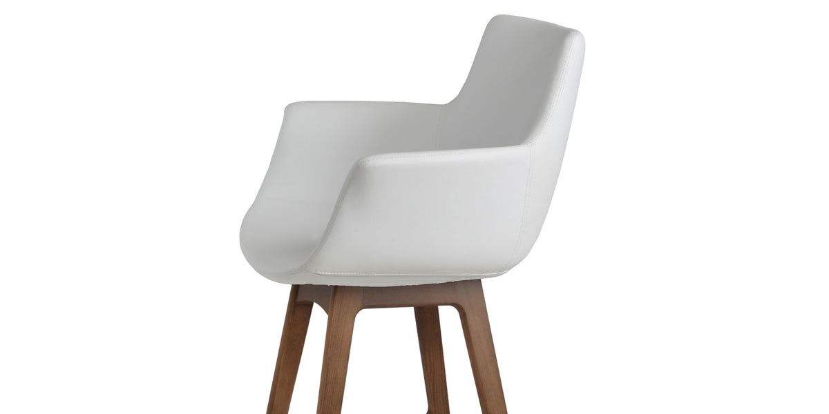 Bottega PR-Wood Bar Stool-Leather by SohoConcept, showing closeup view of bottega pr-wood bar stool in original american walnut wood/white leatherette.