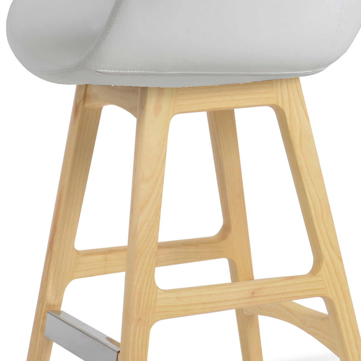 Bottega PR-Wood Bar Stool-Leather by SohoConcept, showing closeup view of bottega pr-wood bar stool in original natural ash wood/white leatherette.