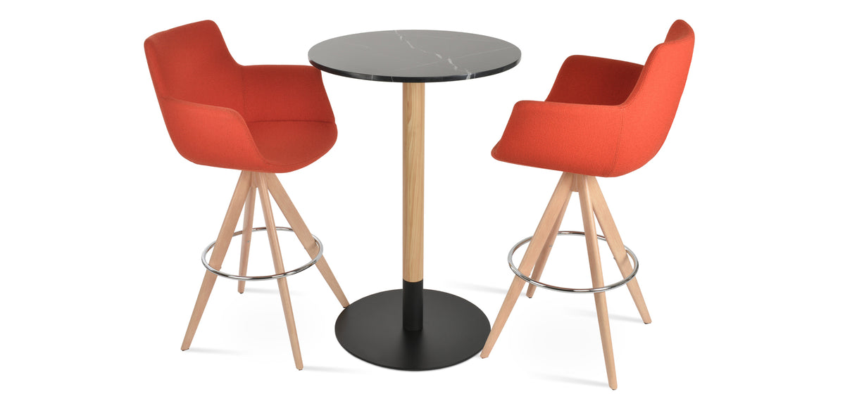 Bottega Pyramid-MW Swivel Bar Stool by SohoConcept, showing different angle views of bottega pyramid-mw swivel bar stools in natural veneer steel legs & chrome footrest/camira yoredale orange boucle fabric with table.