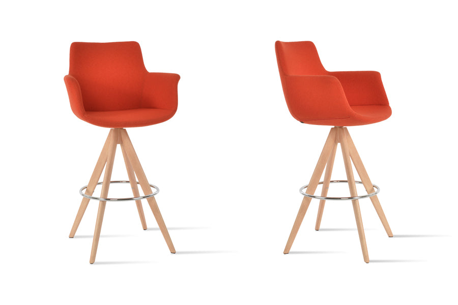Bottega Pyramid-MW Swivel Bar Stool by SohoConcept, showing different angle views of bottega pyramid-mw swivel bar stools in natural veneer steel legs & chrome footrest/camira yoredale orange boucle fabric.