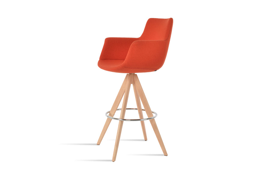 Bottega Pyramid-MW Swivel Bar Stool by SohoConcept, showing angle view of bottega pyramid-mw swivel bar stool in natural veneer steel legs & chrome footrest/camira yoredale orange boucle fabric.