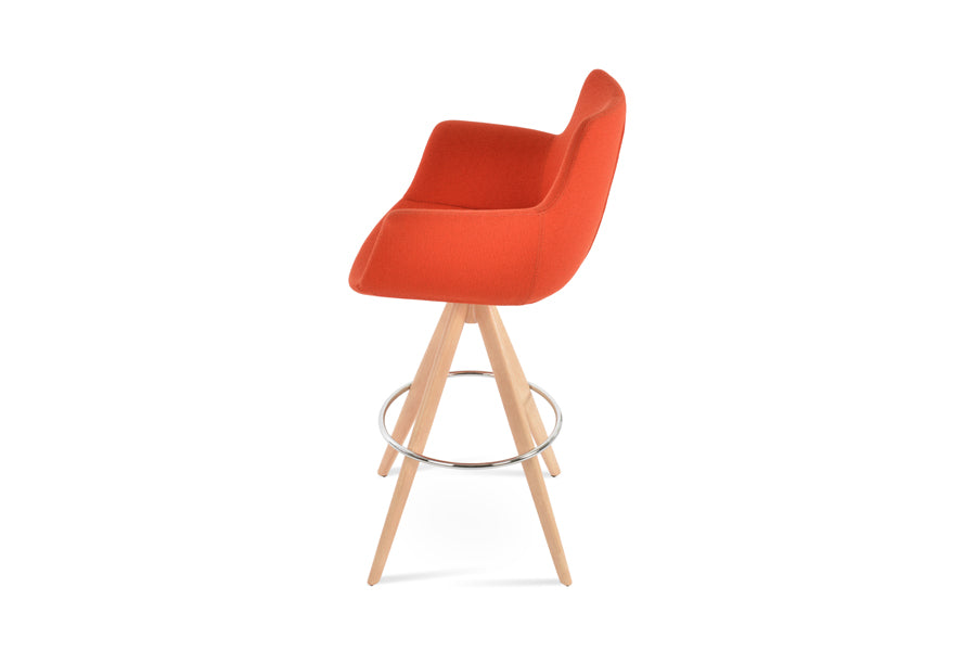 Bottega Pyramid-MW Swivel Bar Stool by SohoConcept, showing side view of bottega pyramid-mw swivel bar stool in natural veneer steel legs & chrome footrest/camira yoredale orange boucle fabric.