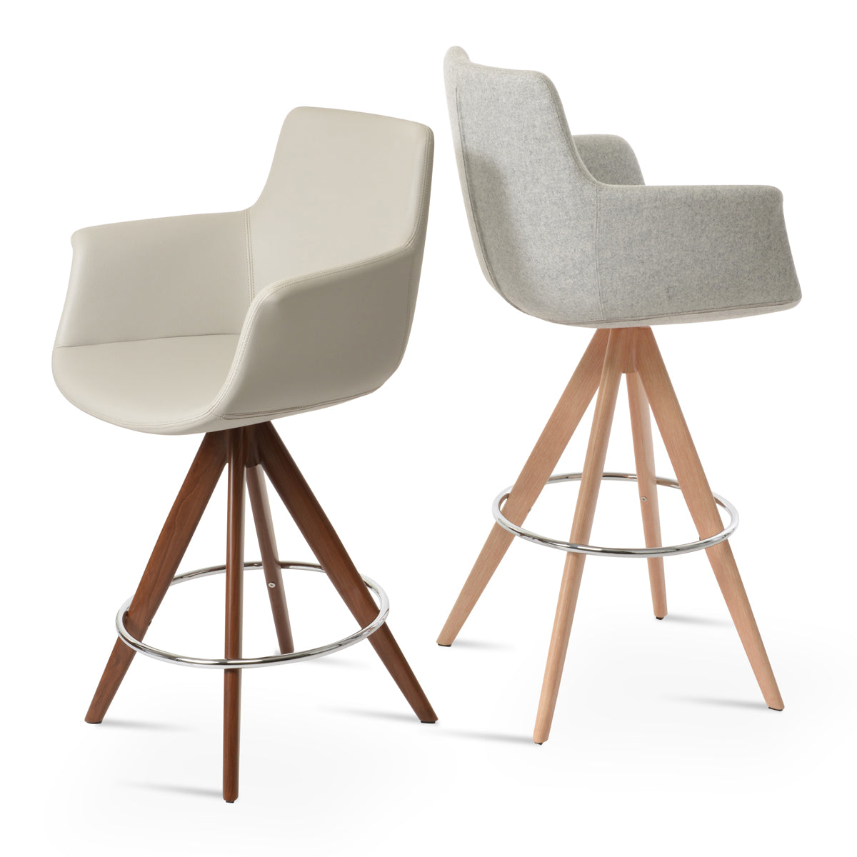 Bottega Pyramid-MW Swivel Counter Stool by SohoConcept, showing back view of bottega pyramid-mw swivel counter stool in natural veneer steel legs & chrome footrest/camira blazer silver wool.