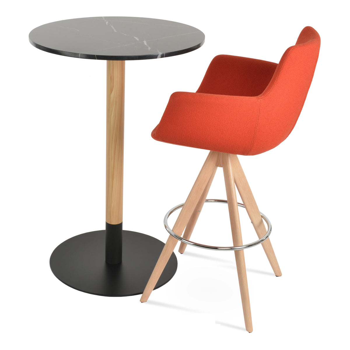Bottega Pyramid-MW Swivel Counter Stool by SohoConcept, showing side view of bottega pyramid-mw swivel counter stool in natural veneer steel legs & chrome footrest/camira yoredale orange boucle fabric with table.