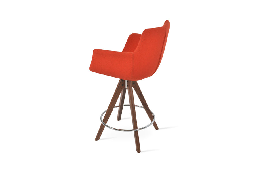 Bottega Pyramid Swivel Bar Stool by SohoConcept, showing back view of bottega pyramid swivel bar stool in original american walnut wood/camira yoredale orange boucle fabric.