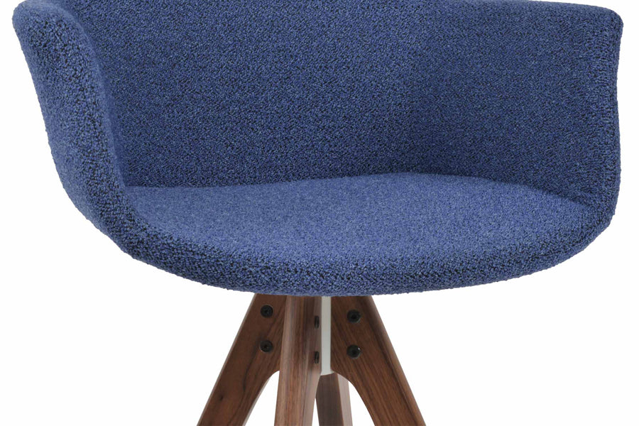 Bottega Pyramid Swivel Counter Stool by SohoConcept, showing closeup view of bottega pyramid swivel counter stool in original american walnut wood/boucle blue-black fabric.