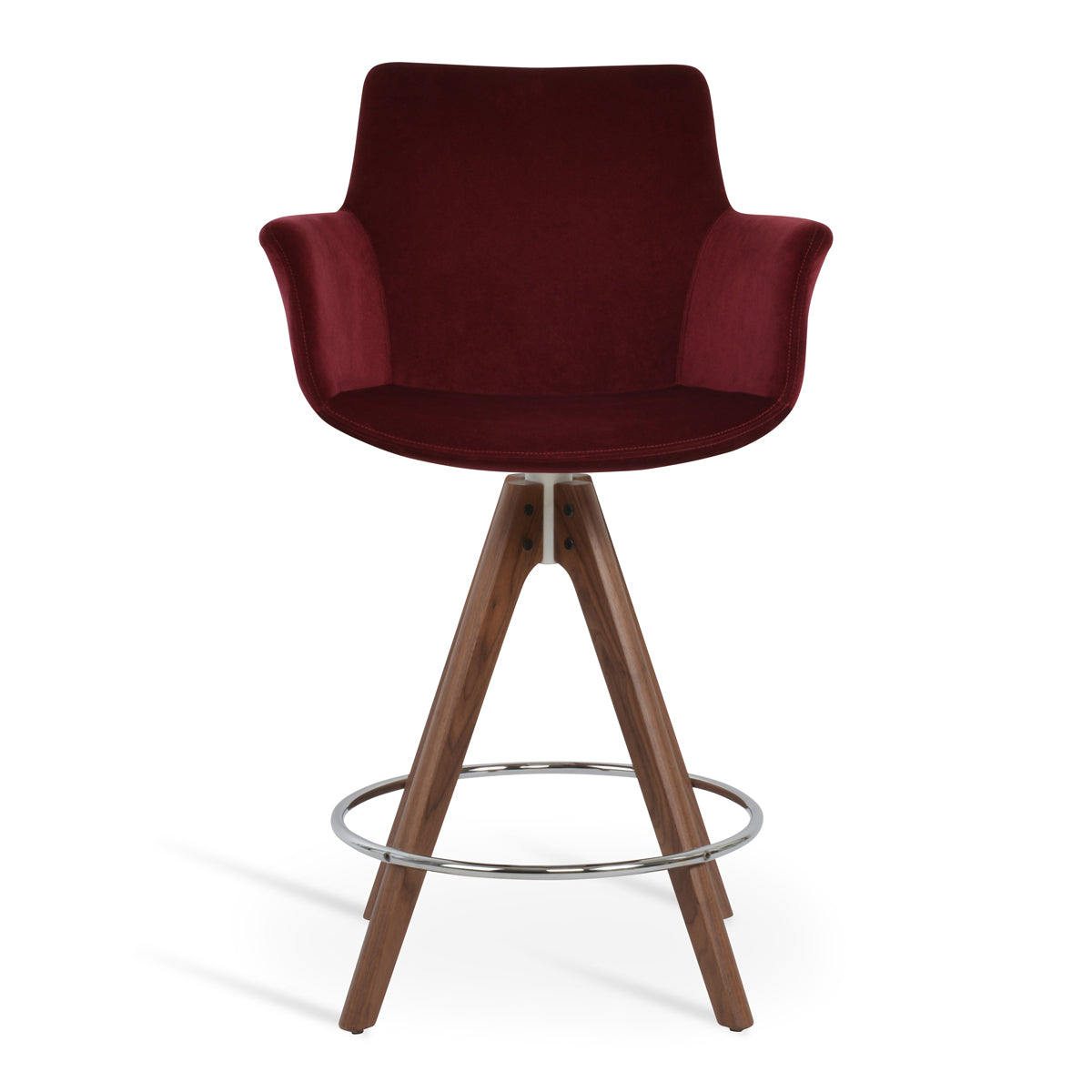 Bottega Pyramid Swivel Counter Stool by SohoConcept, showing front view of bottega pyramid swivel counter stool in original american walnut wood/velvet cherry fabric.