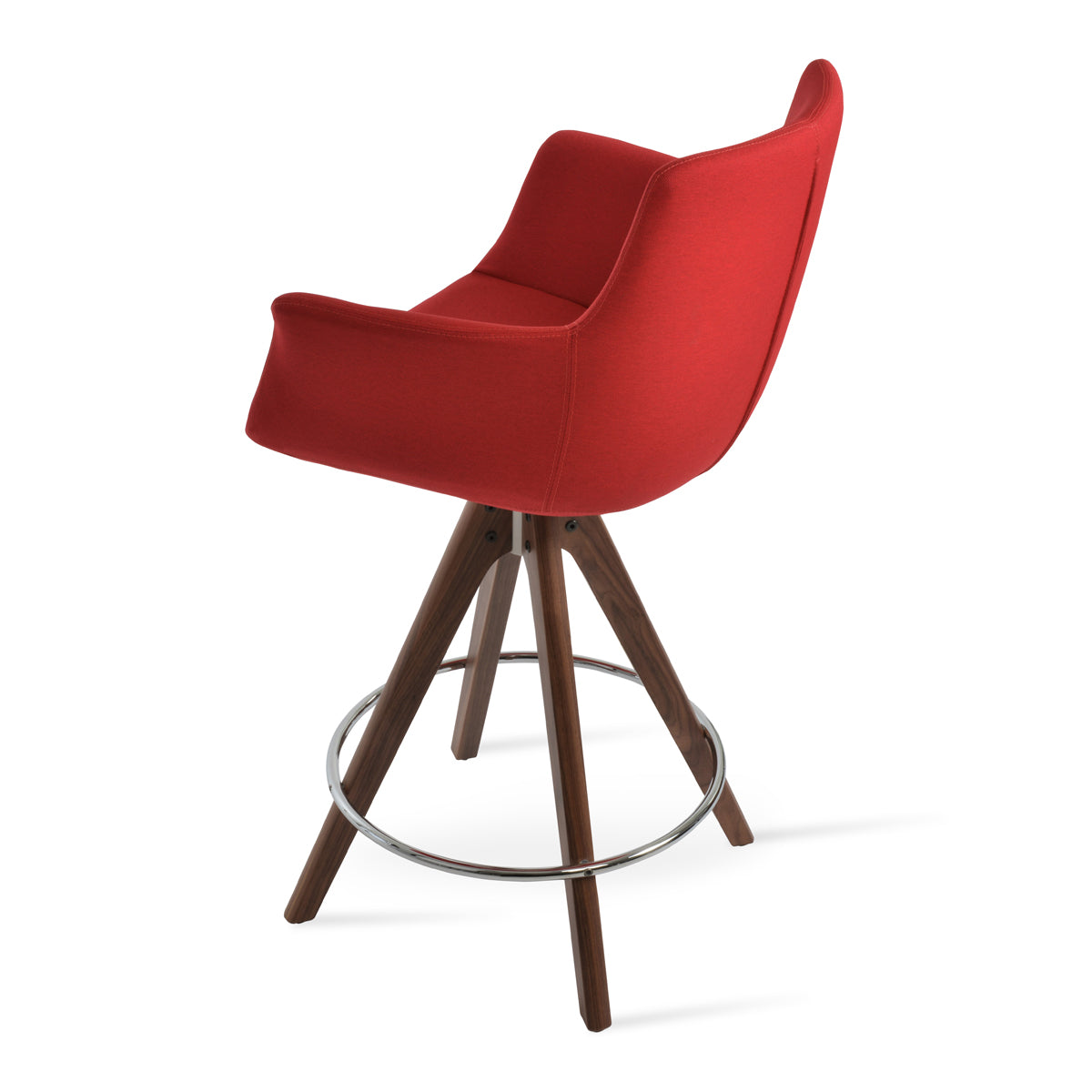 Bottega Pyramid Swivel Counter Stool by SohoConcept, showing back view of bottega pyramid swivel counter stool in beech walnut wood/camira era red fabric.