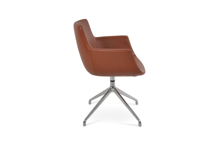 Bottega Spider Swivel Armchair by SohoConcept, showing side view of bottega spider swivel armchair in polished aluminum/cinnamon ppm-fr.