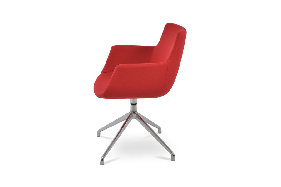 Bottega Spider Swivel Armchair by SohoConcept, showing side view of bottega spider swivel armchair in polished aluminum/camira era red fabric.