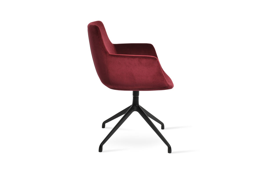 Bottega Spider Swivel Armchair by SohoConcept, showing side view of bottega spider swivel armchair in black aluminum/velvet cherry fabric.