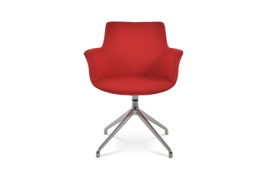 Bottega Spider Swivel Armchair by SohoConcept, showing front view of bottega spider swivel armchair in polished aluminum/camira era red fabric.