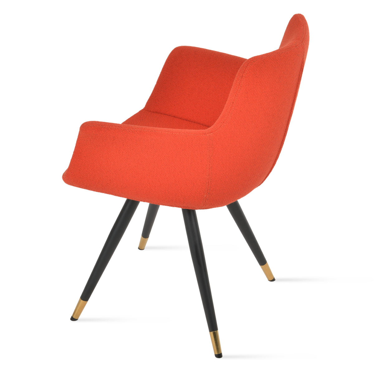Bottega Star Armchair by SohoConcept, showing back view of bottega star armchair in black finish metal tube with gold bracelet/camira yoredale orange boucle fabric.