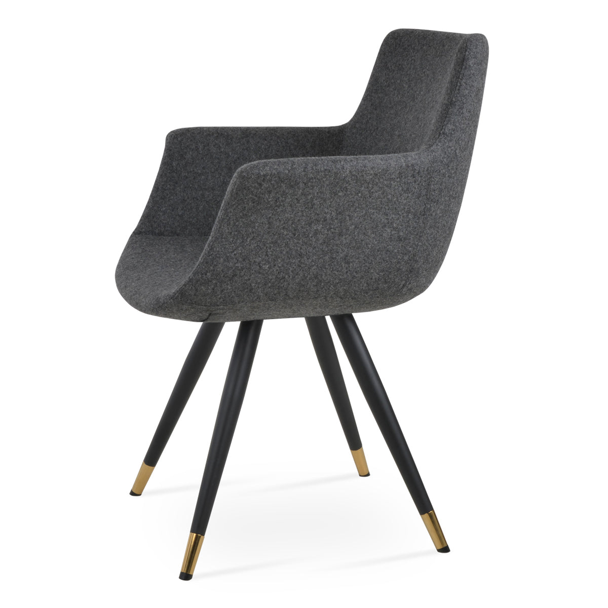 Bottega Star Armchair by SohoConcept, showing side view of bottega star armchair in black finish metal tube with gold bracelet/camira blazer dark grey wool.