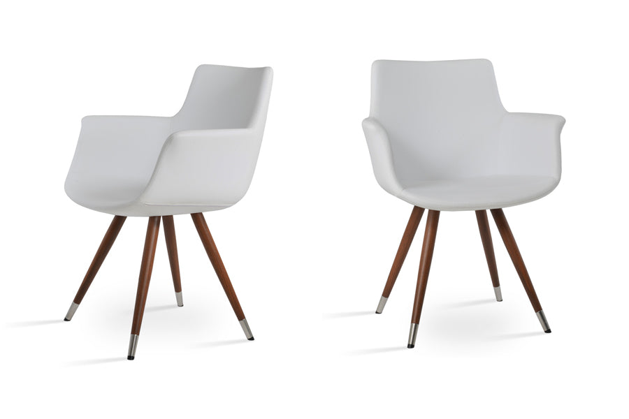 Bottega Star Armchair by SohoConcept, showing two bottega star armchairs in walnut veneer metal tube with stainless steel(polished) bracelet/white leatherette.