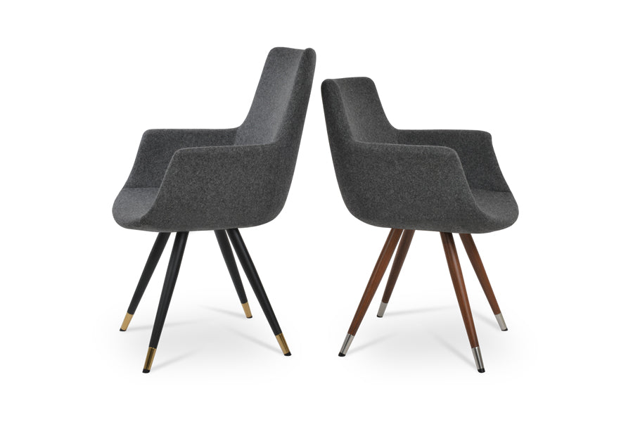 Bottega Star Armchair by SohoConcept, showing two bottega star armchairs in black finish metal tube with gold bracelet/camira blazer dark grey wool(high back) & walnut veneer metal tube with stainless steel(polished) bracelet/camira blazer dark grey wool.