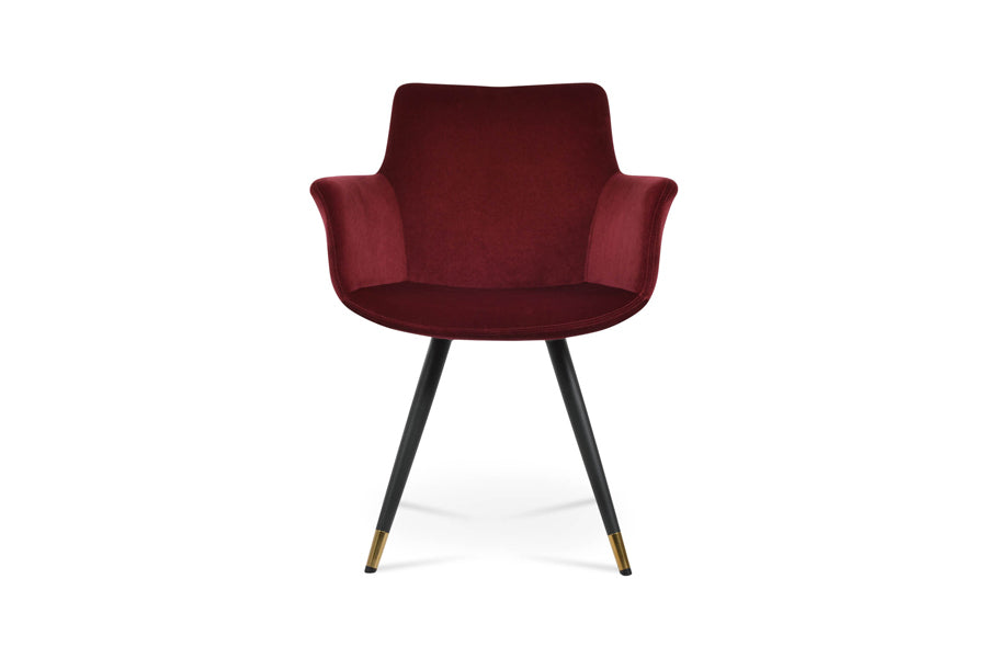 Bottega Star Armchair by SohoConcept, showing side view of bottega star armchair in black finish metal tube with gold bracelet/velvet cherry fabric.