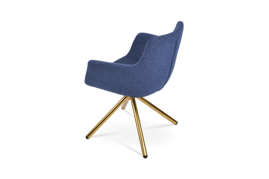 Bottega Swivel Stick Armchair-Fabric by SohoConcept, showing back view of bottega swivel stick armchair in gold steel/boucle blue-black fabric.
