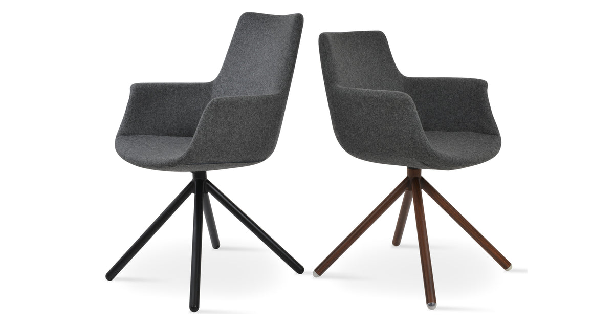 Bottega Swivel Stick Armchair-Fabric by SohoConcept, showing angle view of bottega swivel stick armchairs in black paint steel/camira blazer dark grey wool & walnut veneer steel/camira blazer dark grey wool(high back).