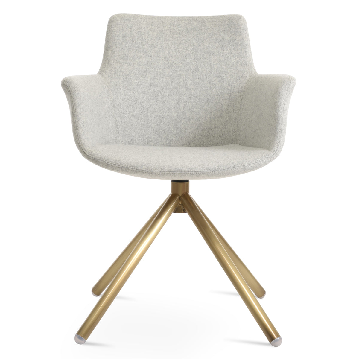 Bottega Swivel Stick Armchair-Fabric by SohoConcept, showing front view of bottega swivel stick armchair in brass steel/camira blazer silver wool.