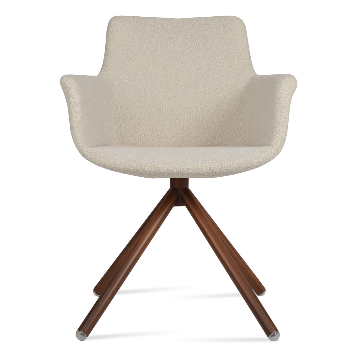 Bottega Swivel Stick Armchair-Fabric by SohoConcept, showing front view of bottega swivel stick armchair in walnut veneer steel/boucle off white fabric.