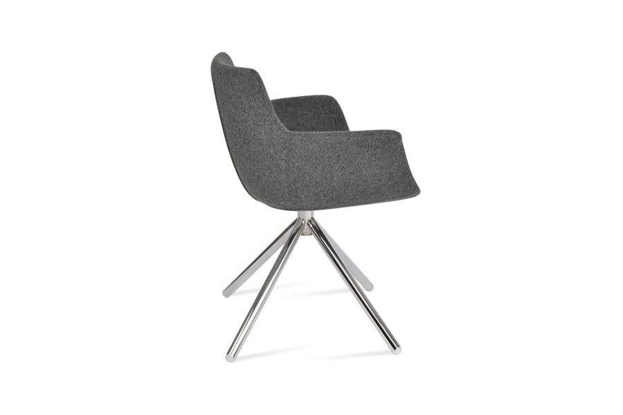 Bottega Swivel Stick Armchair-Fabric by SohoConcept, showing side view of bottega swivel stick armchair in chrome/camira blazer dark grey wool.