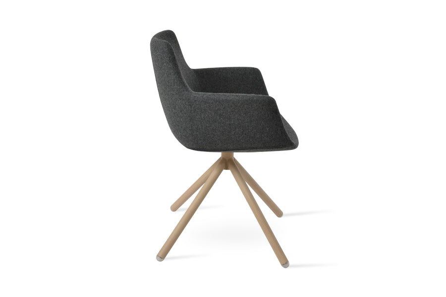 Bottega Swivel Stick Armchair-Fabric by SohoConcept, showing side view of bottega swivel stick armchair in natural veneer steel/camira blazer dark grey wool.