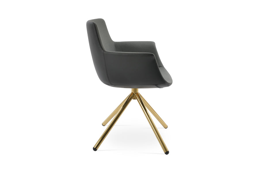 Bottega Swivel Stick Armchair-Fabric by SohoConcept, showing side view of bottega swivel stick armchair in gold steel/camira era grey fabric.