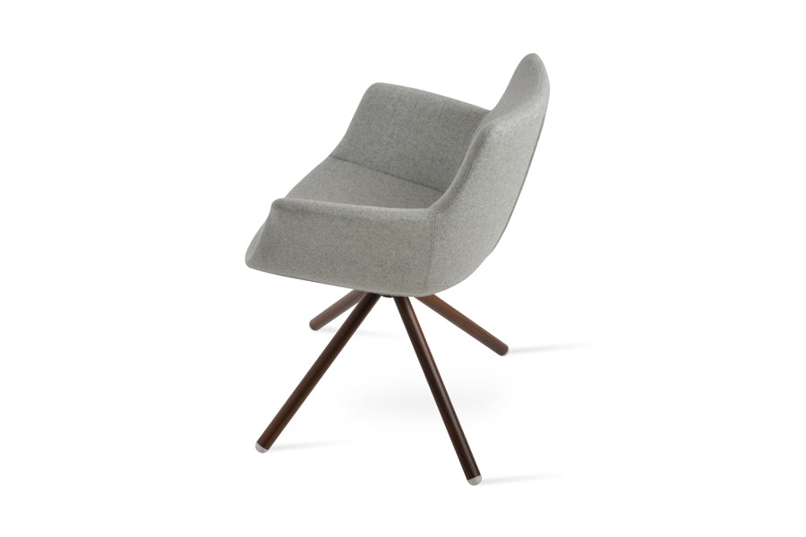 Bottega Swivel Stick Armchair-Fabric by SohoConcept, showing side view of bottega swivel stick armchair in walnut veneer steel/camira blazer silver wool.