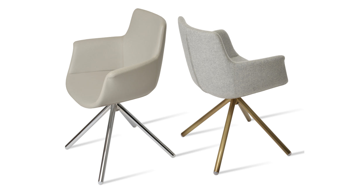 Bottega Swivel Stick Armchair-Leather by SohoConcept, showing angle/back view of bottega swivel stick armchair in chrome/light grey leatherette & brass/camira blazer silver wool.