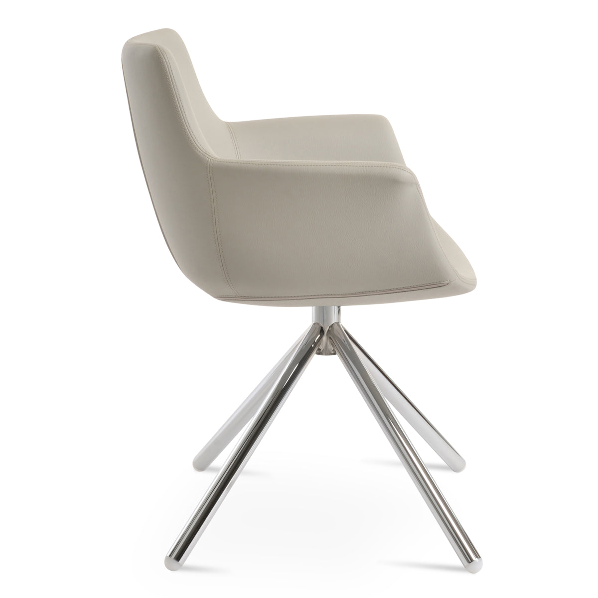 Bottega Swivel Stick Armchair-Leather by SohoConcept, showing side view of bottega swivel stick armchair in chrome/light grey leatherette.