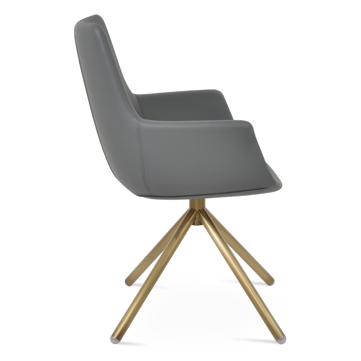 Bottega Swivel Stick Armchair-Leather by SohoConcept, showing side view of bottega swivel stick armchair in brass/grey leatherette.